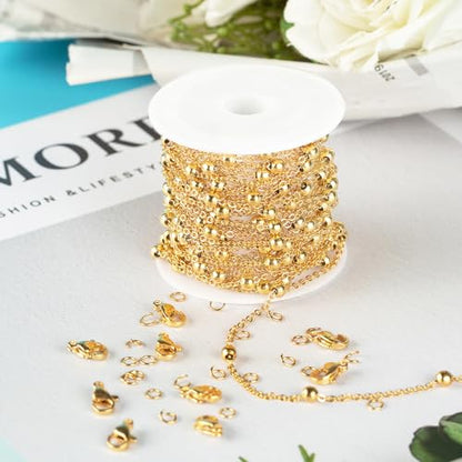 Kyutong Necklace Chains for Jewelry Making Beaded Chain Roll | 16.4 Feet Gold Plated Stainless Steel Jewelry Chains Bulk with Lobster Clasps Jump Rings for Bracelet Ankle Making - color: Gold-6