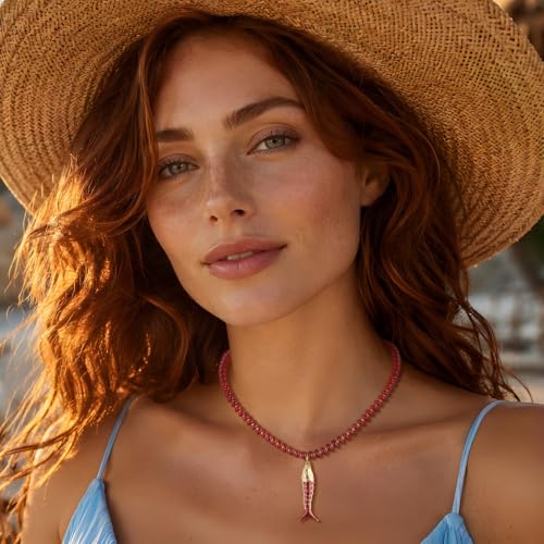 SAMYA Gemstone Beaded Necklace for Women, Natural Stone Ocean Jewelry | Fish or Seashell Pendant Beach Necklace, Gold Spacer Accents, Reinforced Stainless Steel Clasp, Adjustable 16"+2" - color: Carnelian