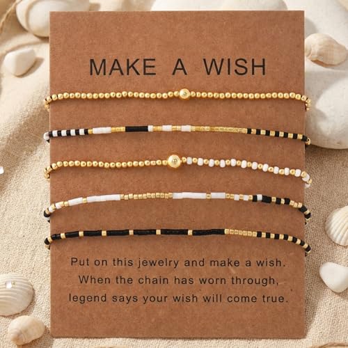 5Pcs Stack Gold Plated Ball Beaded Bracelets Set for Women, Boho Handmade Colorful Glass Pearl Stretch Accessories Jewelry, Summer Beach Daily Wear Holiday Friendship Gift - color: White Black Gold