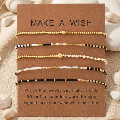 5Pcs Stack Gold Plated Ball Beaded Bracelets Set for Women, Boho Handmade Colorful Glass Pearl Stretch Accessories Jewelry, Summer Beach Daily Wear Holiday Friendship Gift - color: White Black Gold