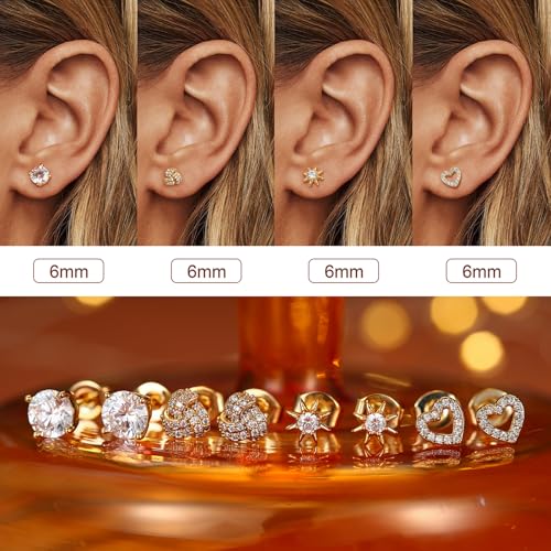 SAILIMUE Hypoallergenic Sterling Silver Stud Earrings for Women Men | Brilliant Heart Knot Round Cubic Zirconia Earring Studs for Sensitive Ears Gold Silver Tone - color: gold-C