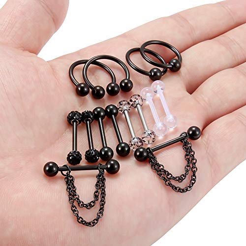 Hoeudjo 14Pcs 14G Surgical Steel Chain Dangle Nipple Rings Barbell Piercing Jewelry Retainer for Women - color: 7 Pairs/14G/Black