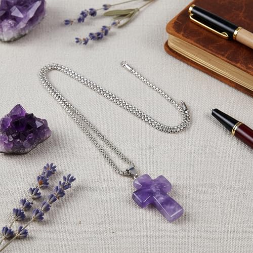Justinstones 32mm Gemstone Carved Cross Reiki Chakra Pendant With Stainless Steel Necklace 22 Inch - color: Amethyst
