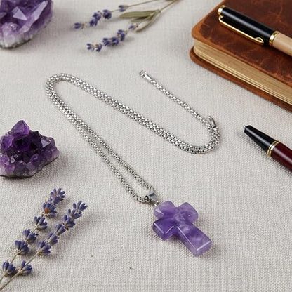 Justinstones 32mm Gemstone Carved Cross Reiki Chakra Pendant With Stainless Steel Necklace 22 Inch - color: Amethyst
