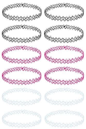 BodyJ4You 12PC Tattoo Choker Necklace - 90s Accessories 2000s Jewelry Y2K Fashion Vintage Trendy - Rainbow Goth Black Pink Green Blue White - Adjustable Stretchy Elastic Necklace Summer Vacation Set - color: Black, Pink, Clear