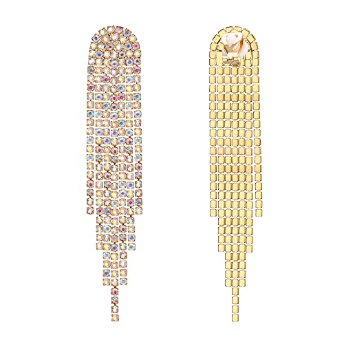 Clip-on Earrings Rhinestone Dangling for Women Fashion Long Chandelier Sparkle Crystal Tassel Dangle Drop Earring - color: Iredescent AB Gold-Tone