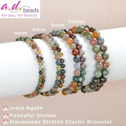 AD Beads Handmade Gemstone Stretch Elastic Bracelet Crystal Healing Reiki Nature's Beauty and Spiritual Essence Unisex (8mm, Indian Agate) - color: Indian Agate, size: 8mm