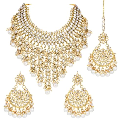 Aheli Elegant Indian Wedding Wear Faux Kundan Studded Choker Necklace with Maang Tikka Set Ethnic Fashion Jewelry for Women Maroon Kundan & Pearl Drop - color: White