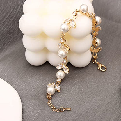 Luxury Cubic Zirconia Aurtrian Crystal Pearl Floral Necklace Dangle Earrings Wedding Bridal Jewelry Set Birthday Gifts for Her - color: Style2-Clear-Gold Plated