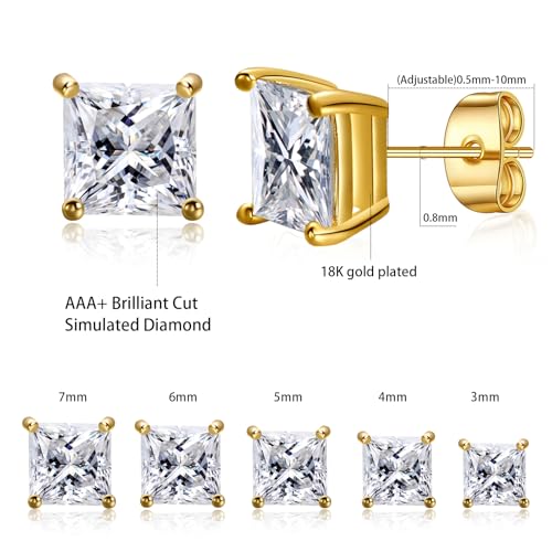 Gemsme 5 Pairs Princess Cut Cubic Zirconia Stud Earrings for Women/Men - 18K Gold Plated Hypoallergenic 3-7mm Square Clear CZ Earring Set - color: Gold-Princess Cut