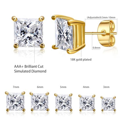 Gemsme 5 Pairs Princess Cut Cubic Zirconia Stud Earrings for Women/Men - 18K Gold Plated Hypoallergenic 3-7mm Square Clear CZ Earring Set - color: Gold-Princess Cut