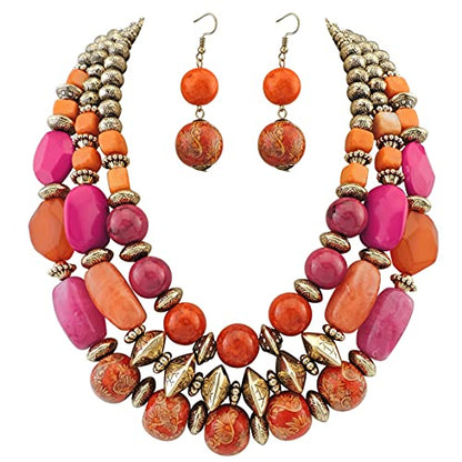 Bocar 3 Layer Chunky Statement Beaded Necklace and Earrings Set, Fashion Multi Layer Women Collar Necklace Jewelry Set - color: Orange