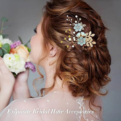 Cinaci 18 Pieces Bridal Wedding Party Prom Pearl Rhinestone Light Green Flower Hair Side Combs Slides+U-shaped Flower Hair Pins+Twist Spiral Hairpins Floral Headpieces for Brides Bridesmaids Women Gir - color: Light Green
