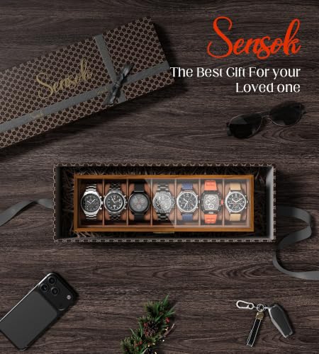 Watch Case Box for Men - Ultra-thin Frame Wide Display 7 Slots 2-Layer Wood Grain Watch Storage Organizer with Jewelry Drawer, Real-glass Display Case Collection Box Gift for Dad Husband - size: 7 Slots, Wooden Pattern