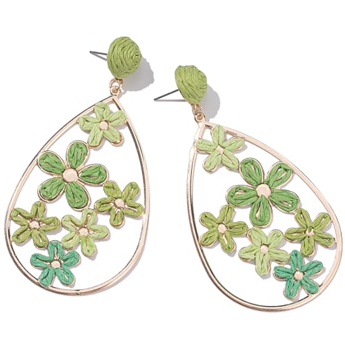 Boho Raffia Flower Teardrop Earrings Cute Colorful Dangle Trendy Jewelry | Floral Drop Statement Big Dangling Earring Hypoallergenic Gold Fun Unique Summer Spring Beach Vacation Outfits for Women - color: Green