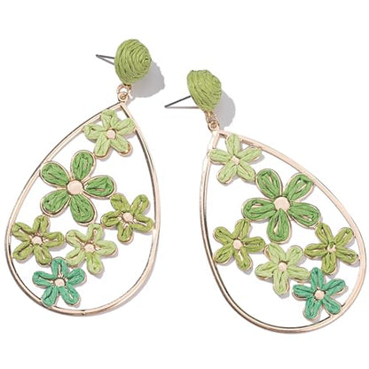 Boho Raffia Flower Teardrop Earrings Cute Colorful Dangle Trendy Jewelry | Floral Drop Statement Big Dangling Earring Hypoallergenic Gold Fun Unique Summer Spring Beach Vacation Outfits for Women - color: Green