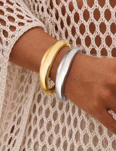 Chunky Gold Bangle Bracelets for Women, Dainty 14k Gold Plated Big Stackable Bangles Set, Trendy Statement Cuff Bracelet Stack Fashion Jewelry Gifts - style: 2 Silver & gold bangles