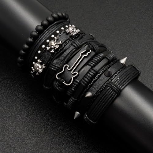 8pcs Punk Rock Style Bracelet Set, Black Multi-layer Leather Wristbands with Guitar Charm, Skull Design, Beaded Braided Cuff for Men, Women, Unisex Bohemian Style