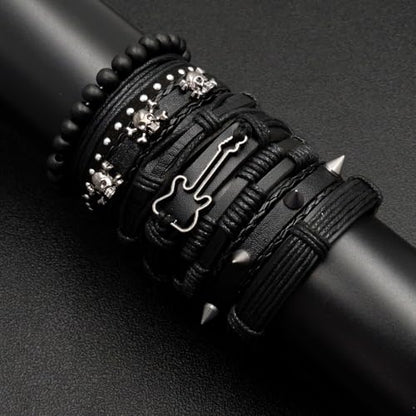8pcs Punk Rock Style Bracelet Set, Black Multi-layer Leather Wristbands with Guitar Charm, Skull Design, Beaded Braided Cuff for Men, Women, Unisex Bohemian Style