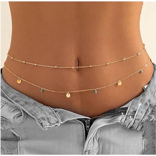 Waist Chains for Women Gold Waist Chain Silver Belly Chain Adjustable Layered Body Chain Sequin Belly Chains Sexy Bikini Beach Jewelry for Women (26.8-36.6 Inch) - style: turquoise+gold