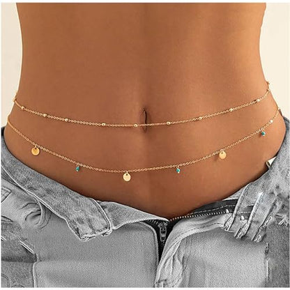 Waist Chains for Women Gold Waist Chain Silver Belly Chain Adjustable Layered Body Chain Sequin Belly Chains Sexy Bikini Beach Jewelry for Women (26.8-36.6 Inch) - style: turquoise+gold