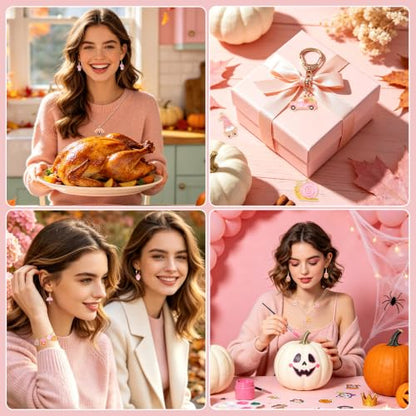 40 Pcs/20 Pairs Pink Fall Charms for Jewelry Making | Autumn Thanksgiving Day Charm, Pumpkin Maple Leaf Turkey Harvest Pendants, for Bracelet Necklace Earring, DIY Craft Gifts - style: Pink Fall