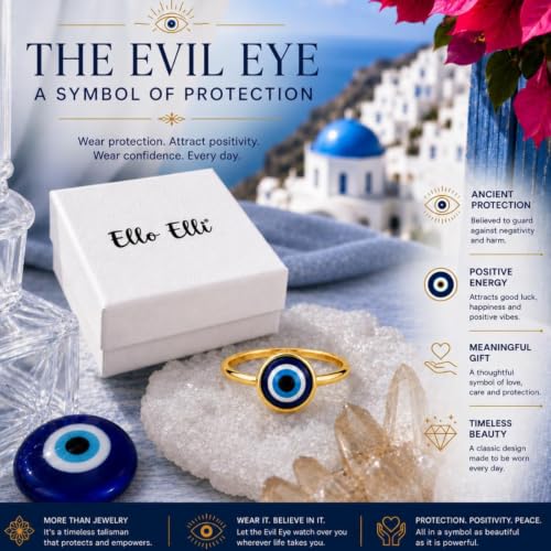 Ello Elli Gold Tone Evil Eye Ring for Women, Gold Plated Stainless Steel Band, Evil Eye Protection Design, Minimalist Everyday Jewelry
