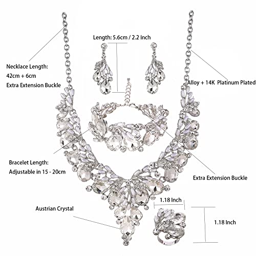 Jewelry Set for Women, Statement Necklace Dangle Earrings Bracelet Ring, White/KC Gold Plated Jewelry Set with Rhinestone Pearl Crystal Wedding Party Jewelry for Bridal Bridesmaid - color: White-Platinum Plated