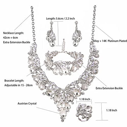 Jewelry Set for Women, Statement Necklace Dangle Earrings Bracelet Ring, White/KC Gold Plated Jewelry Set with Rhinestone Pearl Crystal Wedding Party Jewelry for Bridal Bridesmaid - color: White-Platinum Plated