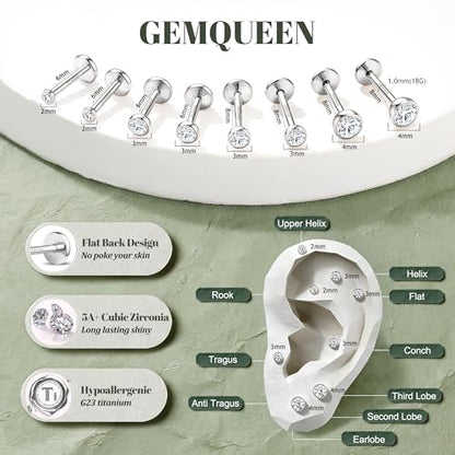 GEMQUEEN 4 Pairs 16G/18G/20G G23 Titanium Implant Grade Nose Studs Threadless Flat Back Earrings Hypoallergenic Flatback 5A CZ Cartilage Helix Tragus Conch Tiny Lip Piercing Jewelry for Women Men - color: Pure Titanium-18G(1.0MM)-Bar-6/8MM&CZ-2/3/4MM
