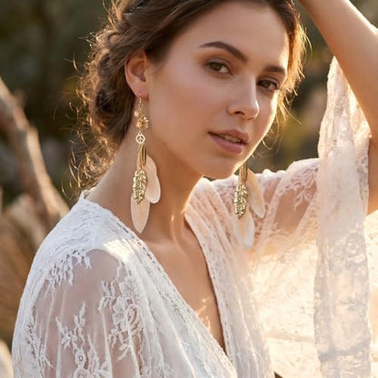 FRESHME Native American Earrings for Women - Ethnic Boho Feather Dangle Jewelry with Tessel for Birthday Party Photoshoot - color: Champagne