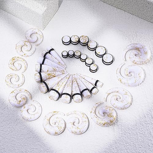 Qmcandy 00G-20mm Ear Stretching Kit 36PCS Big Gauge Taper Kit Large Acrylic Tunnel Plug Spiral Set - color: 36pcs Gloden Line, White