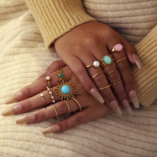 Chunky Gold Rings for Women Non Tarnish, Baroque Pearl Flower Tiger's Eye Stone Rings Adjustable Stacking Statement Rings Set Fashion Jewelry Gifts - style: Turquoise/Pearl/Green/Pink