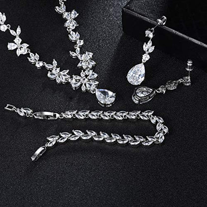 Jewelry Set for Women, Necklace Dangle Earrings Bracelet Set with White AAA Cubic Zirconia, Allergy Free Wedding Party Jewelry for Bridal Bridesmaid - color: Necklace + Earrings + Bracelet