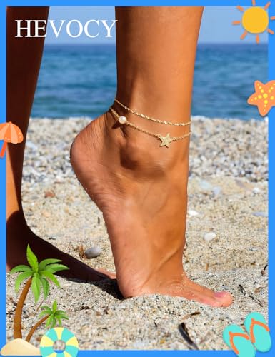 Gold Anklet Set for Women, Layered Beach Anklets | Layered gold-tone ankle bracelets, designed for beach days, vacations, and summer wear - style: Gold Anklet 5