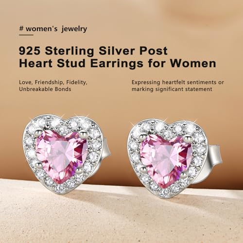 Bestyle 8mm Small Birthstone Earrings for Women with Hypoallergenic Sterling Silver Post,Sparkle Heart/Round Womens Studs Earrings, Great Birthday/Christmas/Anniversary Jewelry for Wife Mother - color: 10. Oct. Pink Tourmaline-Heart