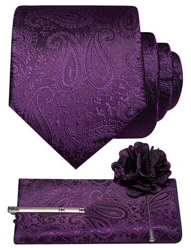 JEMYGINS Mens Paisley Tie and Lapel Pin Necktie Pocket Square and Tie Clip with Sets for Business Casual 4PCS - color: Purple