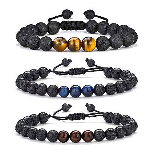 M MOOHAM Mens Bracelet - Beaded Natural Stone 8mm Tiger Eye Matte Agate Lava Rock Bracelets for Men Teen Boys Grandpa Dad Birthday Gifts Jewelry - style: 3 pcs Lava Rock&Tiger Eye Bracelets
