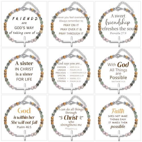 BROCC 9PCS Cross Christian Bracelets for Women | Christian Inspirational,Adjustable 4MM Beaded,Healing Natural Stone,Confirmation Baptism Easter Gifts - color: B