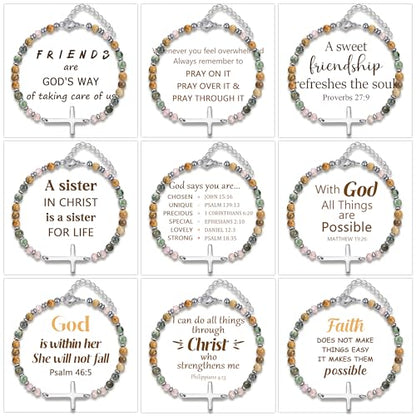 BROCC 9PCS Cross Christian Bracelets for Women | Christian Inspirational,Adjustable 4MM Beaded,Healing Natural Stone,Confirmation Baptism Easter Gifts - color: B