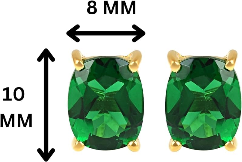 Women's 18K Gold Plated 8x10mm Princess Cut Gemstone Stud Earrings – Birthstone Jewelry for Her – Classic Cushion Studs - color: Emerald