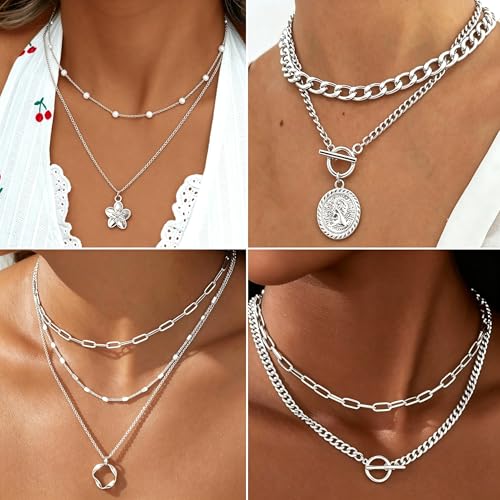 17 MILE 78 Pieces Gold Jewelry Set for Women, 9 Necklace, 24 Bracelet, 22 Earrings, 23 Knuckle Rings Gold Plated Jewerly set for Women Gift - color: silver Jewelry Set-chunky