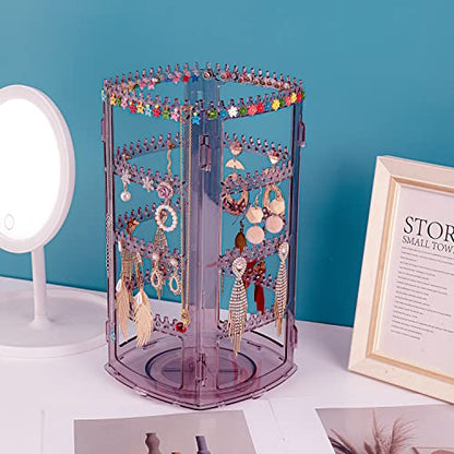 Sooyee Clear Violet Earring Organizer,360 Rotating Earring Holder,4 Tiers Jewelry Rack Display Classic Stand, 156 Holes and 160 Grooves for Necklaces Earrings Piercings - color: Violet