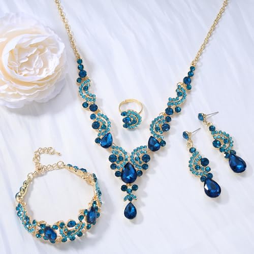 EVER FAITH Rhinestone Crystal Bridal Floral Wave Teardrop Necklace Earrings Set - color: 4pcs_Sky Blue