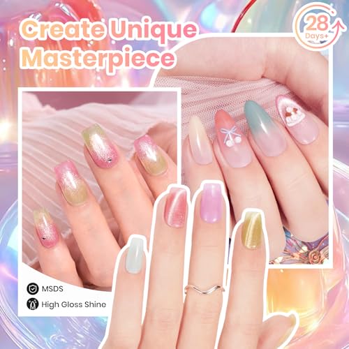 Beetles Jelly Gel Nail Polish Set, 6 Colors Pastel Cat Eye Gel Polish | Blue Purple Yellow Green Glitter Gel with Magnet Sticker Soak Off UV Gel Nail Art Salon DIY at Home Gift for Women - color: Soft Glow Pudding