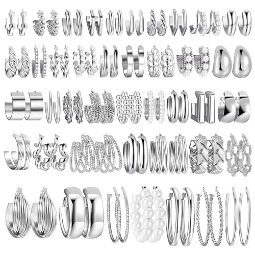 42 Pairs Gold Hoop Earrings Set for Women, Hypoallergenic Multipack Small to Chunky Hoops, Pearl & Twisted Trendy Earrings for Everyday Wear & Mothers Day Gifts - color: Sliver-42 pair