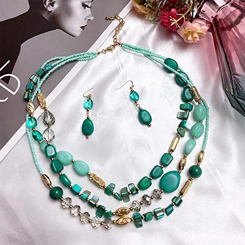 Coiris 3 Multi Layer Shell Glass Beaded Fashion Necklace for Women 21" - color: N0001-teal