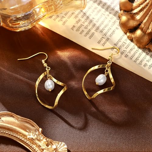 Necocy Chunky Gold Hoop Earrings for Women Non Tarnish, 14k Gold Plated Thick Triple Hoop Earrings Hypoallergenic Trendy Hoops Dainty Jewelry Gifts for Women - style: Dangle Pearl