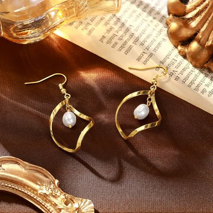 Necocy Chunky Gold Hoop Earrings for Women Non Tarnish, 14k Gold Plated Thick Triple Hoop Earrings Hypoallergenic Trendy Hoops Dainty Jewelry Gifts for Women - style: Dangle Pearl