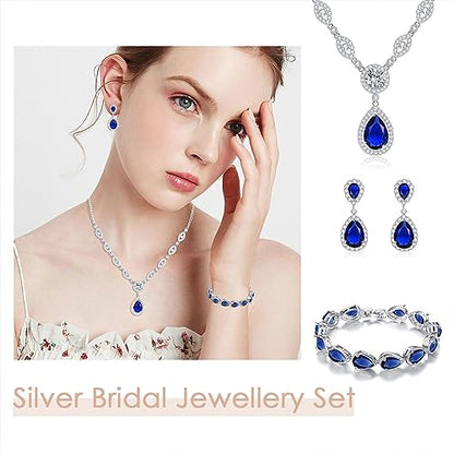 GULICX AAA Cubic Zirconia CZ Silver Plated Base Women's Party Jewelry Set Earrings Pendant Necklace - color: Blue Set with Teardrop Bracelet
